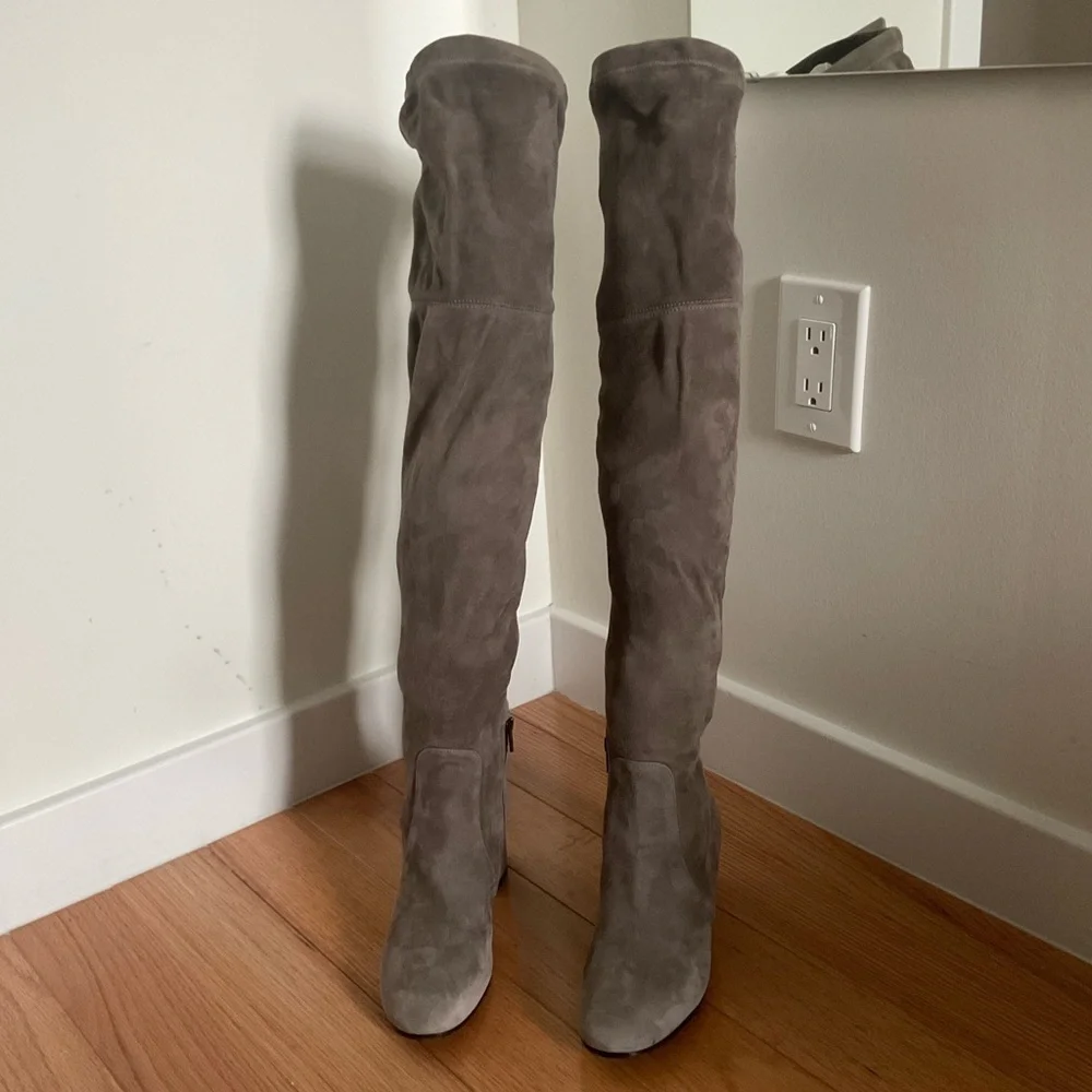 Via Roma 15 Gray Suede Leather Over The Knee Thigh High Heel Boots NWT Size 36.5